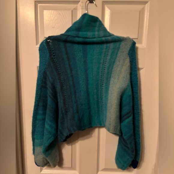 Free People Blue/Green Gradient Soft Alpaca Cowl Neck Cropped Boho Sweater, XS - Picture 2 of 10